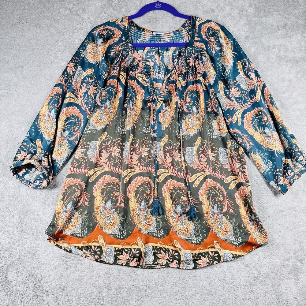 DR2 Paisley Boho Blouse Womens Large Teal‎ Orange Peasant Top